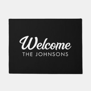 Modern Personalized Welcome Doormat   Black White