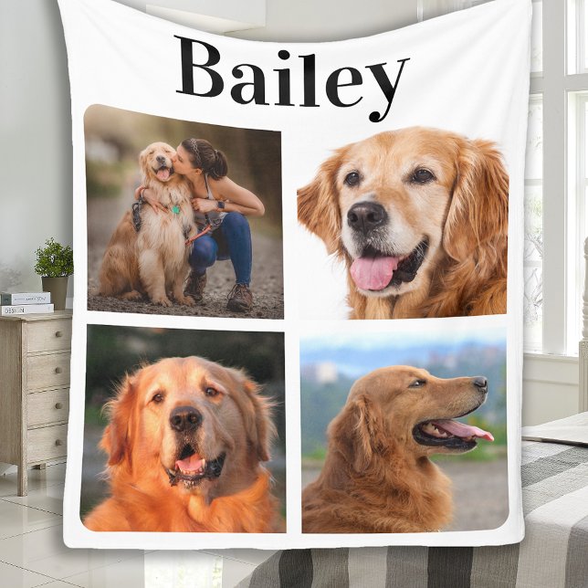 Modern Pet 4 Picture Collage Personalise Dog Lover Fleece Blanket (Creator Uploaded)