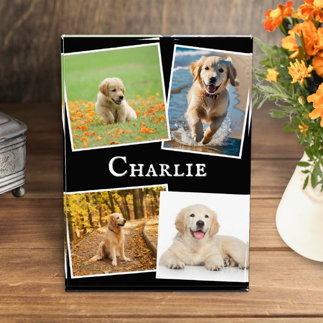 Modern Pet Dog Collage Keepsake Photo Block (A display block featuring four favorite photos of your dog, personalized with your pet's name)