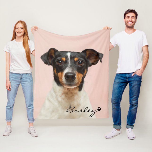 Modern Pet Photo Add Your Name Paw Print Fleece Blanket (In Situ)