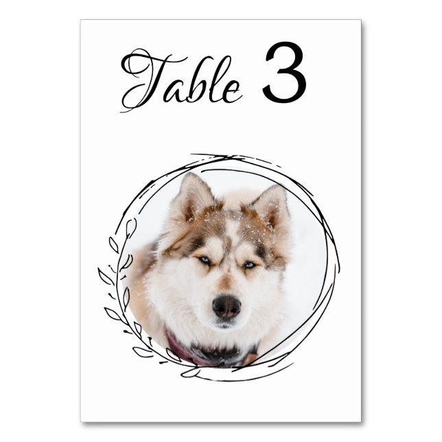 Modern Pet Photo Black White Botanical Wedding Table Number (Front)