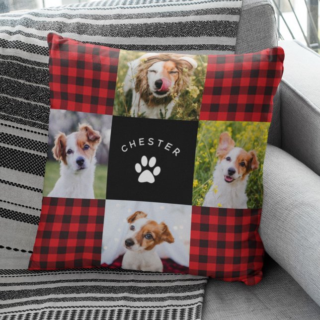 Modern Pet Photo Collage Red Buffalo Plaid Quilt Cushion (Creator Uploaded)