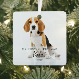 Modern Pet Script Name First Christmas 2 Photo Metal Tree Decoration