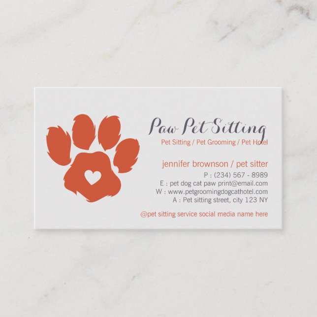 Modern Pet Sitter Groomer Social Media Dog Cat Paw Business Card (Front)