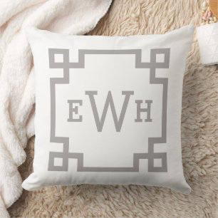 Modern Pewter Grey Greek Key Custom Monogram Cushion