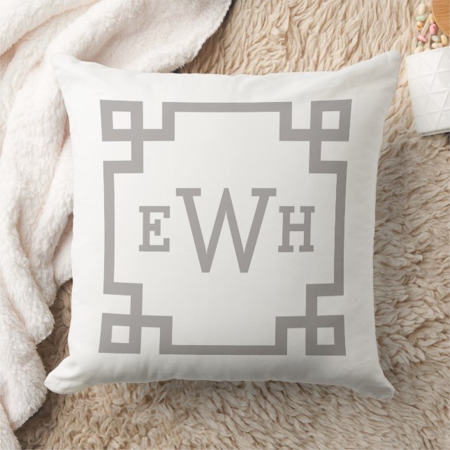 Modern Pewter Grey Greek Key Custom Monogram Cushion (Blanket)