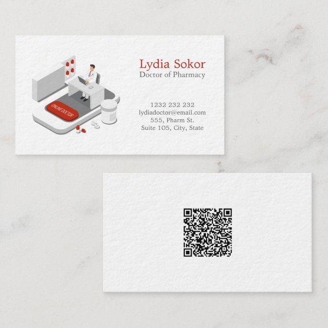 Modern Pharmacy Doctor Business Card with QR Code (Front/Back)