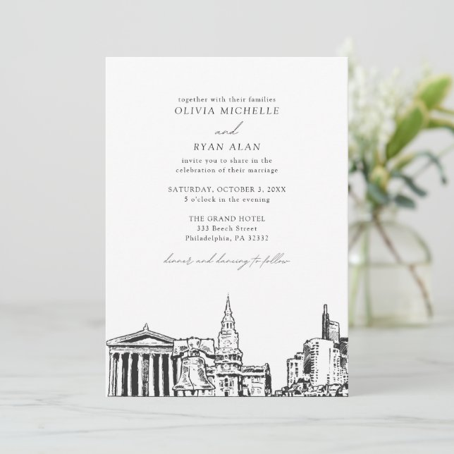 Modern Philadelphia Skyline Black & White Wedding Invitation (Standing Front)