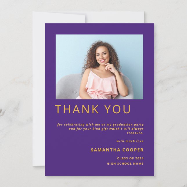 Modern Photo 2024 Graduation Yellow Purple Thank You Card (Front)