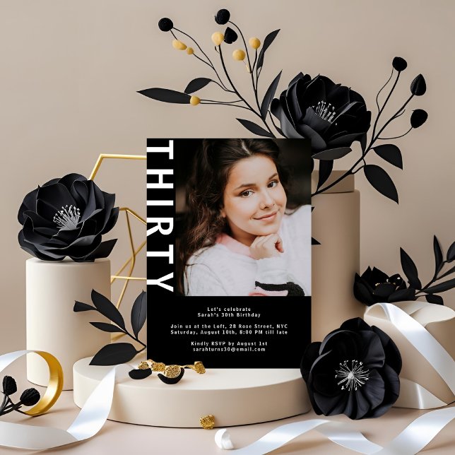 Modern Photo 30th Birthday Invitation – Bold Black (Creator Uploaded)