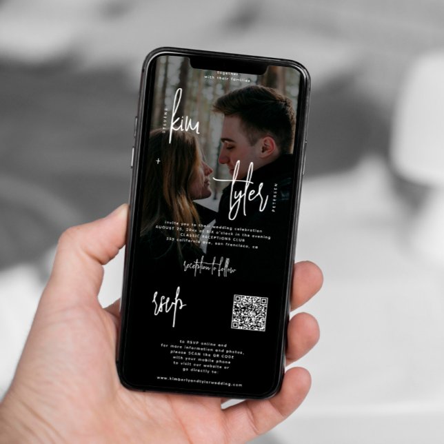 Modern photo all in one QR code rsvp black wedding Invitation (Creator Uploaded)