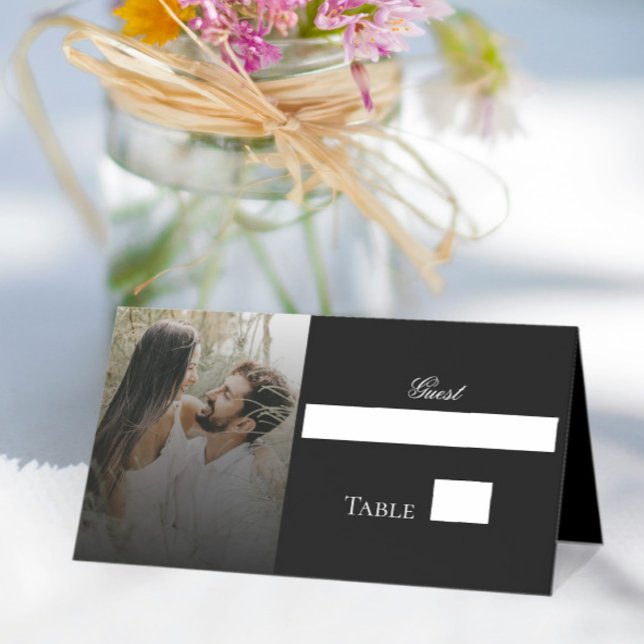 Modern Photo and Black Overlay Wedding Place Card (Modern Photo and Black Overlay Wedding Place Card)