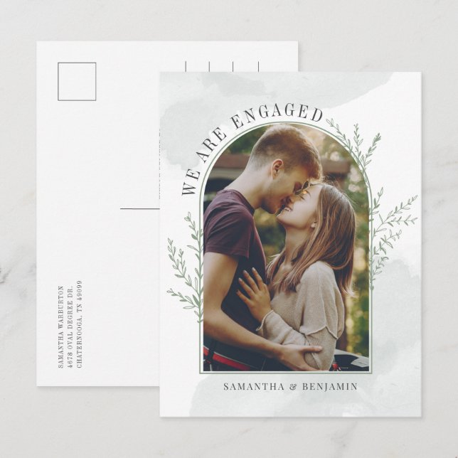 Modern Photo Arch Botanical Engagement  Announcement Postcard (Front/Back)