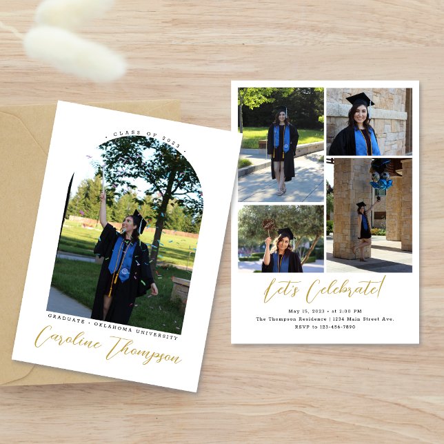 Modern Photo Arch & Collage Gold Script Graduation Invitation (Creator Uploaded)