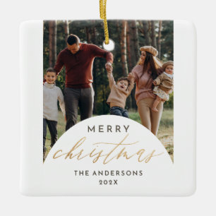 Modern Photo Arch Merry Christmas Gold Script Ceramic Ornament