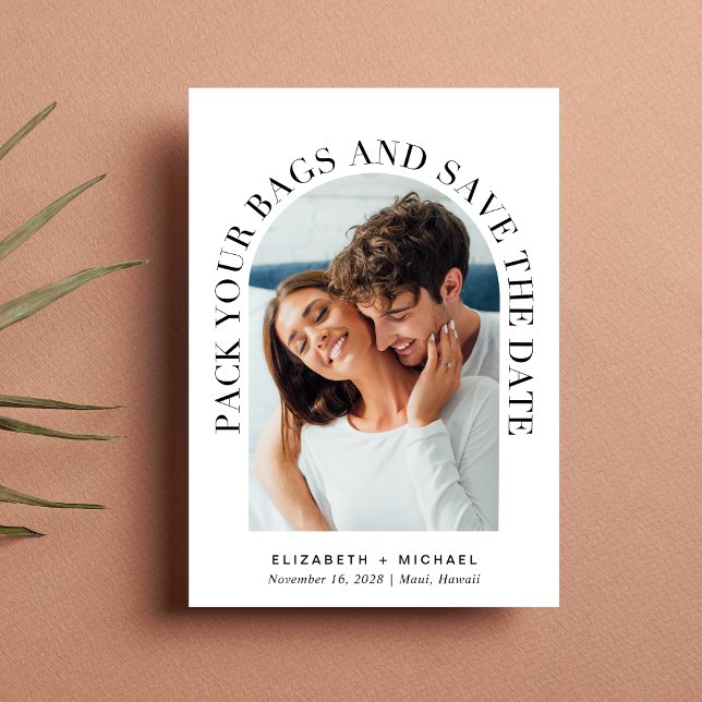 Modern Photo Arch QR Code Destination Wedding Save The Date (Celebrate your love story with a  save the date showcasing your photo in an elegant arch frame)