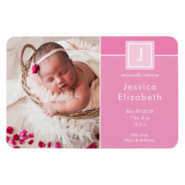 Modern Photo Baby Monogram Girl Birth Announcement Magnet (Horizontal)