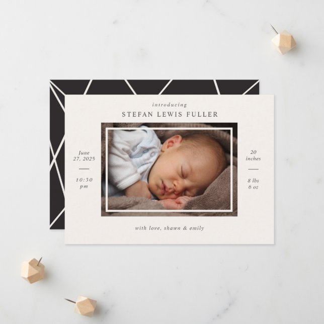 Modern Photo Baby Stats Birth Announcement Card (Front/Back In Situ)