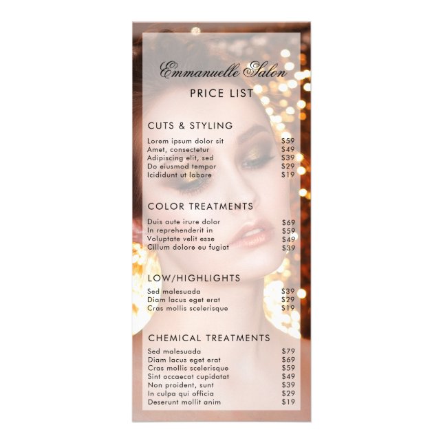 Modern Photo Beauty Hair Salon Price List Rack Card (Front)
