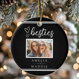 Modern Photo Besties Hearts Black and White Ceramic Ornament