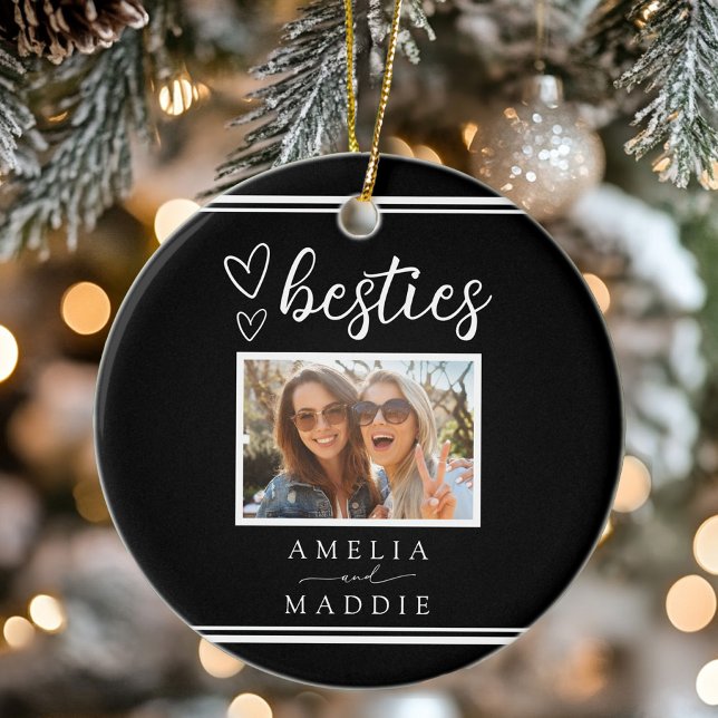 Modern Photo Besties Hearts Black and White  Ceramic Ornament (Modern Photo Besties Hearts Black and White Ceramic Ornament)