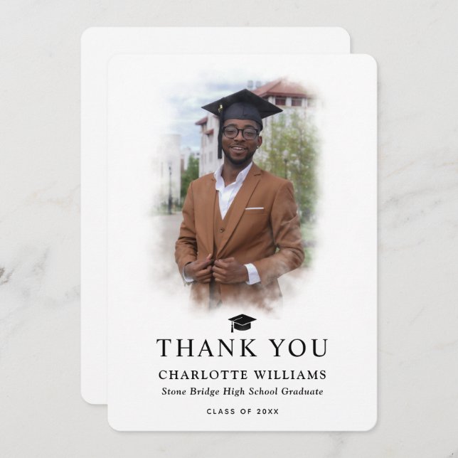 Modern Photo Black and White Graduation Thank You Card (Front/Back)