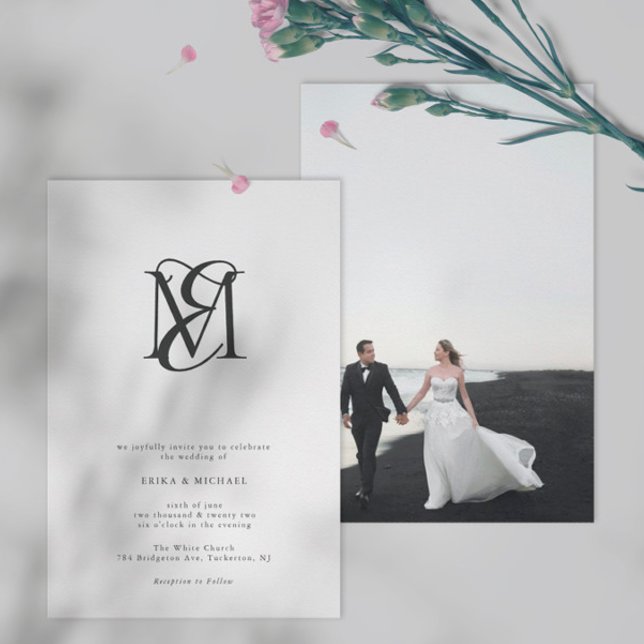 Modern Photo Black and White Monogram Wedding Invitation (Creator Uploaded)