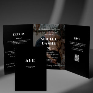 Modern photo black and white rsvp details wedding Tri-Fold invitation