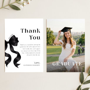 Modern Photo Black Bow Graduation Thank You Card