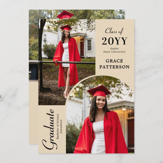 Modern Photo Black Cream Graduation Announcement (Front/Back)