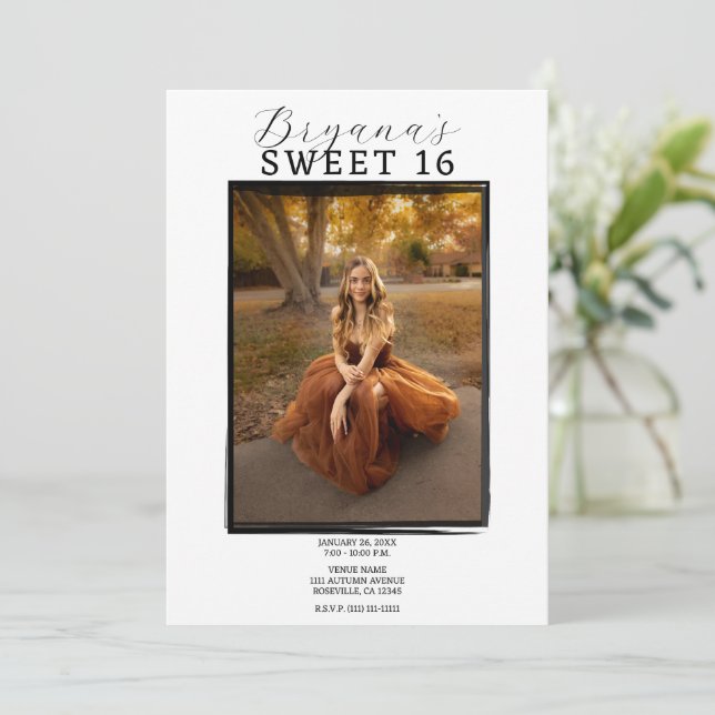 Modern Photo Black Frame Trendy Minimal Sweet 16 Invitation (Standing Front)