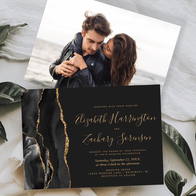 Modern Photo Black Gold Agate Dark Wedding Invitation (Creator Uploaded)