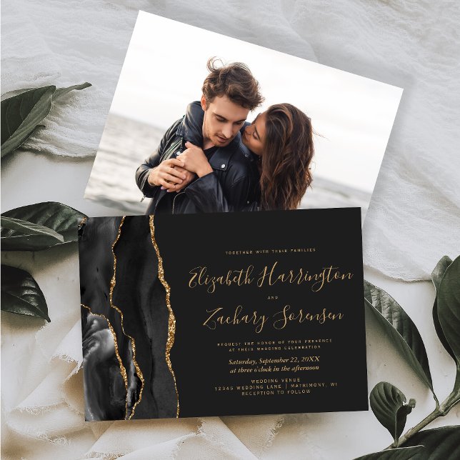 Modern Photo Black Gold Agate Dark Wedding Invitation (Creator Uploaded)