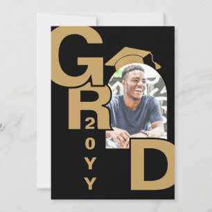 Modern Photo Black Gold Graduation Invitation