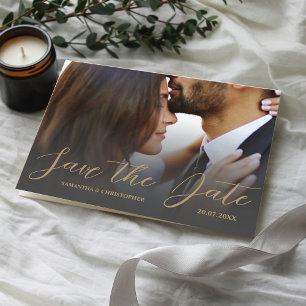 Modern Photo Black & Gold Save the Date Wedding Postcard