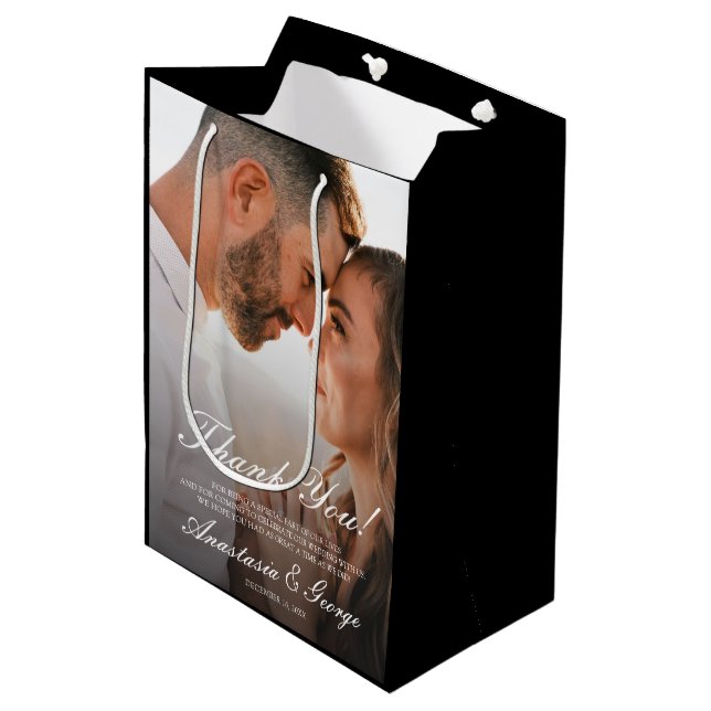 Modern Photo Black Wedding Thank You Medium Gift Bag (Front Angled)
