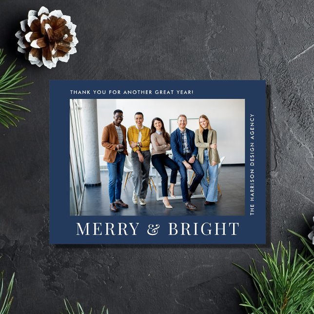 Modern Photo Blue Corporate Business Christmas Holiday Postcard (Spread warmth, appreciation, and gratitude to your valued customers, clients, employees and partners)
