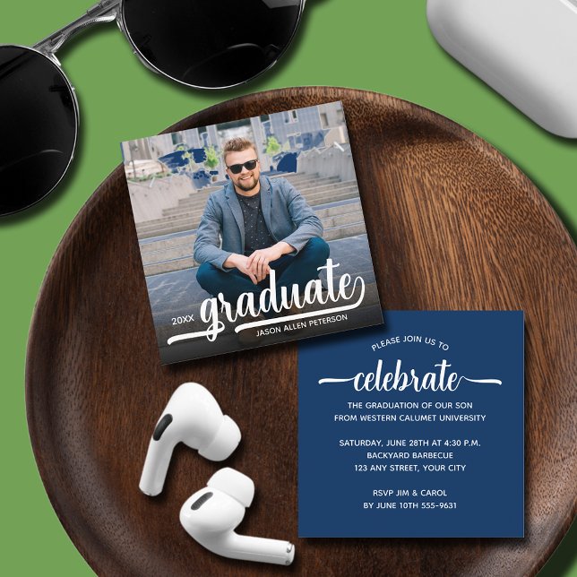 Modern Photo Blue Graduation Enclosure Card (SMALL 2.5" SQUARE graduation invitations are perfect to enclose with our announcements or hand out.)