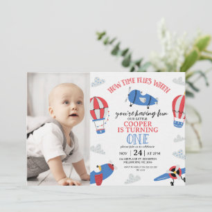 Modern Photo Blue How Time Flies 1st Birthday Invitation