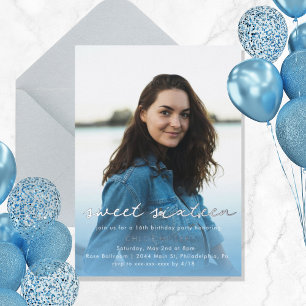 Modern Photo Blue Watercolor Sweet 16