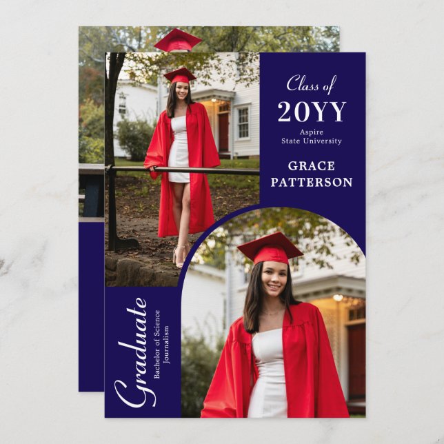 Modern Photo Blue White Graduation Announcement (Front/Back)