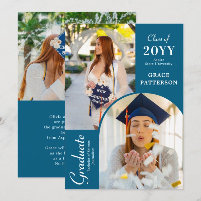 Modern Photo Blue White Graduation Announcement (Front/Back)
