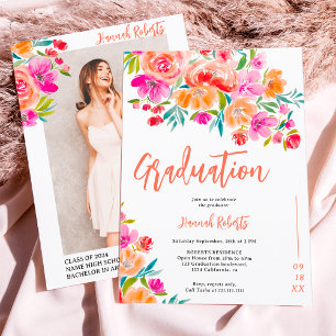 Modern photo Boho orange floral graduation Invitation