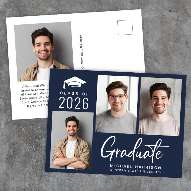 Modern Photo Bold Script Blue Graduation Announcement Postcard (Modern Photo Bold Script Blue Graduation Announcement Postcard)