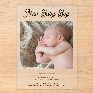 Modern Photo Boy Birth Announcement Acrylic Card