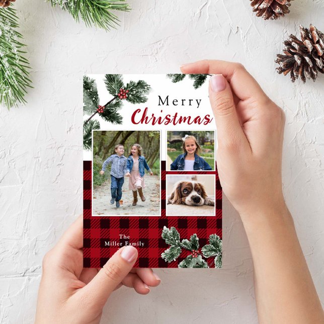 Modern photo buffalo plaid Christmas card  (Creator Uploaded)