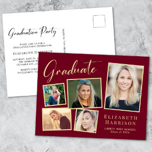 Modern Photo Burgundy Gold Graduation Party Invitation Postcard
