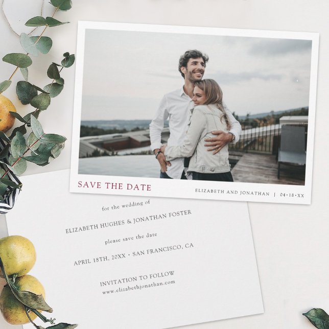 Modern Photo Burgundy Wedding Save the Date Card (Creator Uploaded)