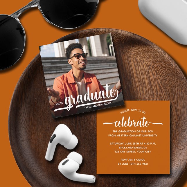 Modern Photo Burnt Orange Graduation Party Enclosure Card (SMALL 2.5" SQUARE graduation invitations are perfect to enclose with our announcements or hand out.)