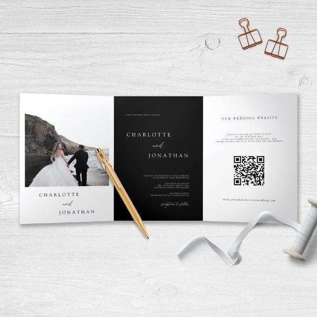 Modern Photo Calligraphy All in One Black Wedding Tri-Fold Invitation (Creator Uploaded)